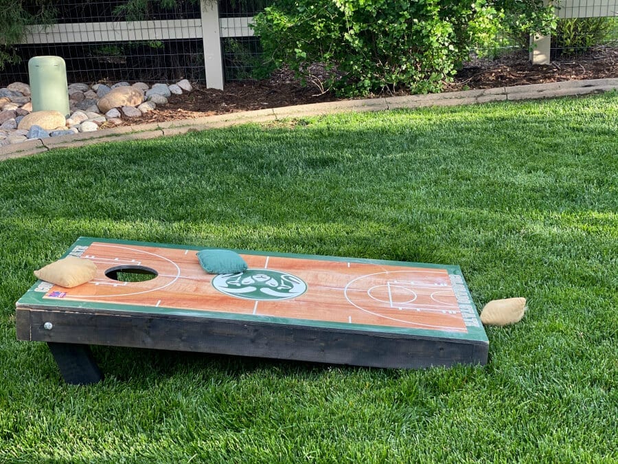 A custom Colorado State basketball corn hole set up.