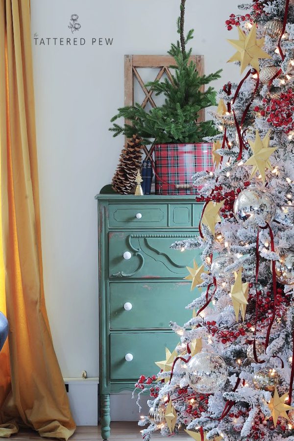 My boxwood green dresser compliments our Christmas tree.