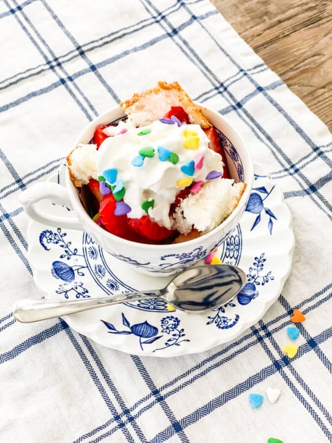 Sprinkles make everything better! 2 Minute Angel Food Cake In Tea Cups