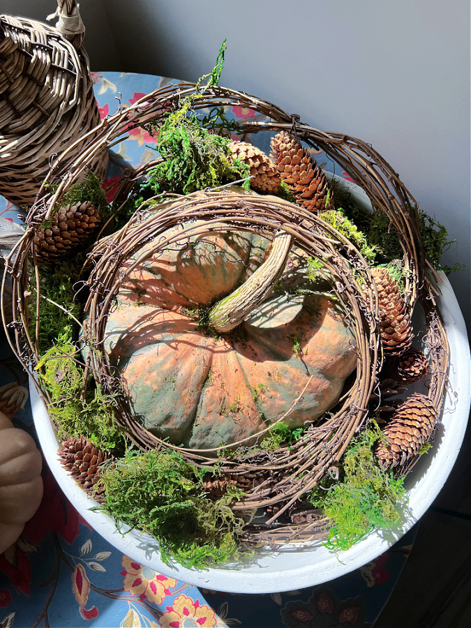 overhead view of simple organic easy to make fall centerpiece