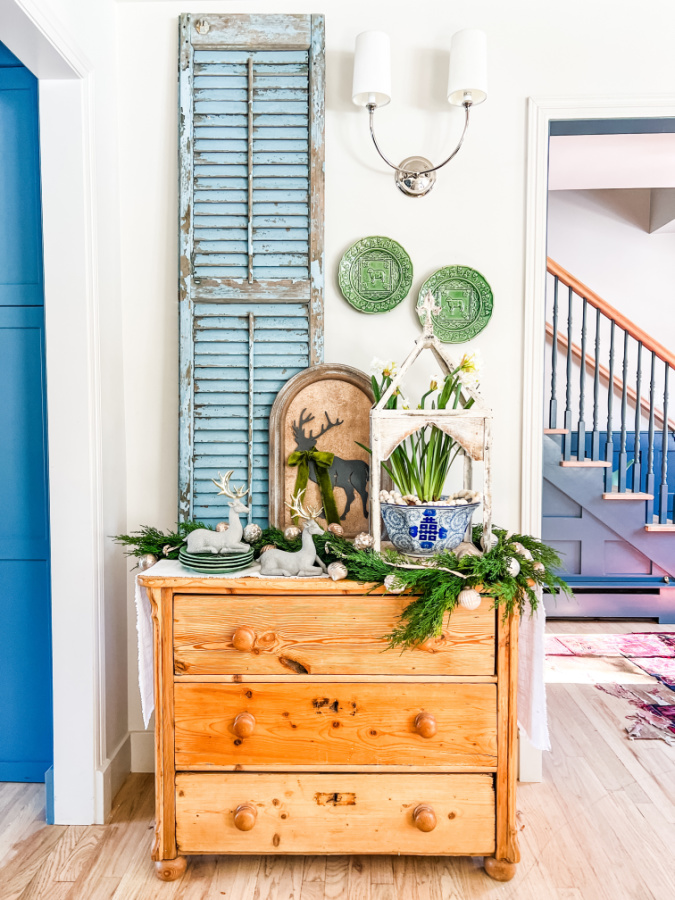 Blue and Green Christmas decor on Pine Dresser