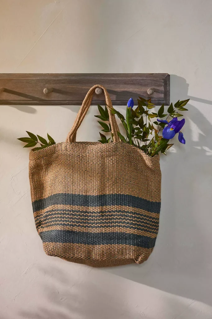 Blue stripe jute tote