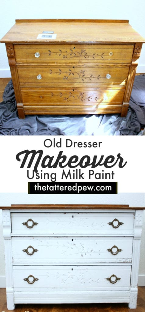 Come see how I transformed this $40 old dresser using milk paint and new hardware!