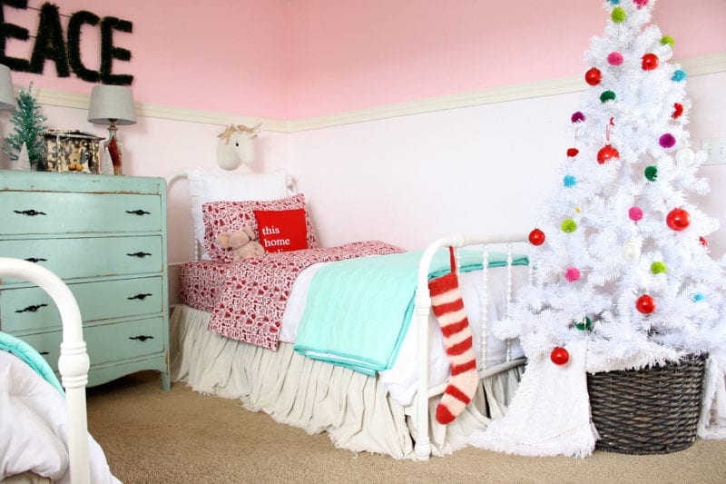 This girls colorful Christmas bedroom is so fun! The Tattered Pew