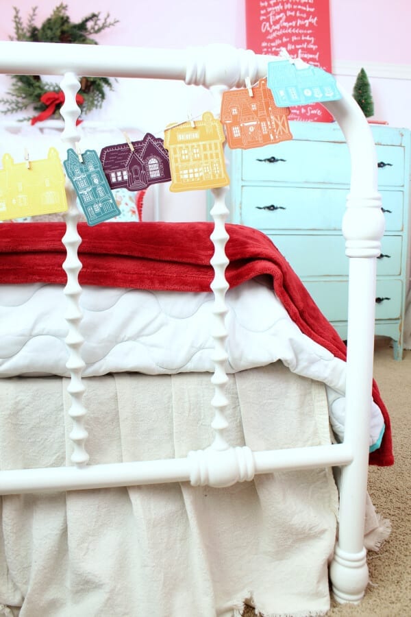 Colorful advent calendars and colorful furniture make this bedroom ready for Christmas!