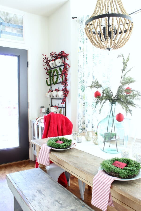 I love our little kitchen nook and mug rack all decked out for Christmas!