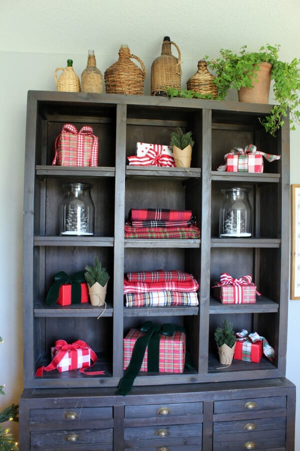 Plaid presents in our printers cabinet make for lovely holiday decor.