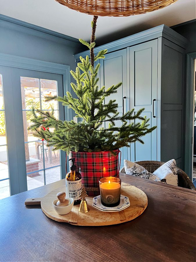 Christmas in the kitchen vignette with tree and plaid canister