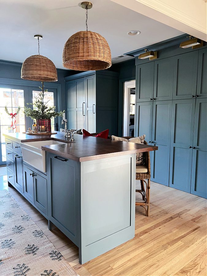 Blue kitchen with pendants