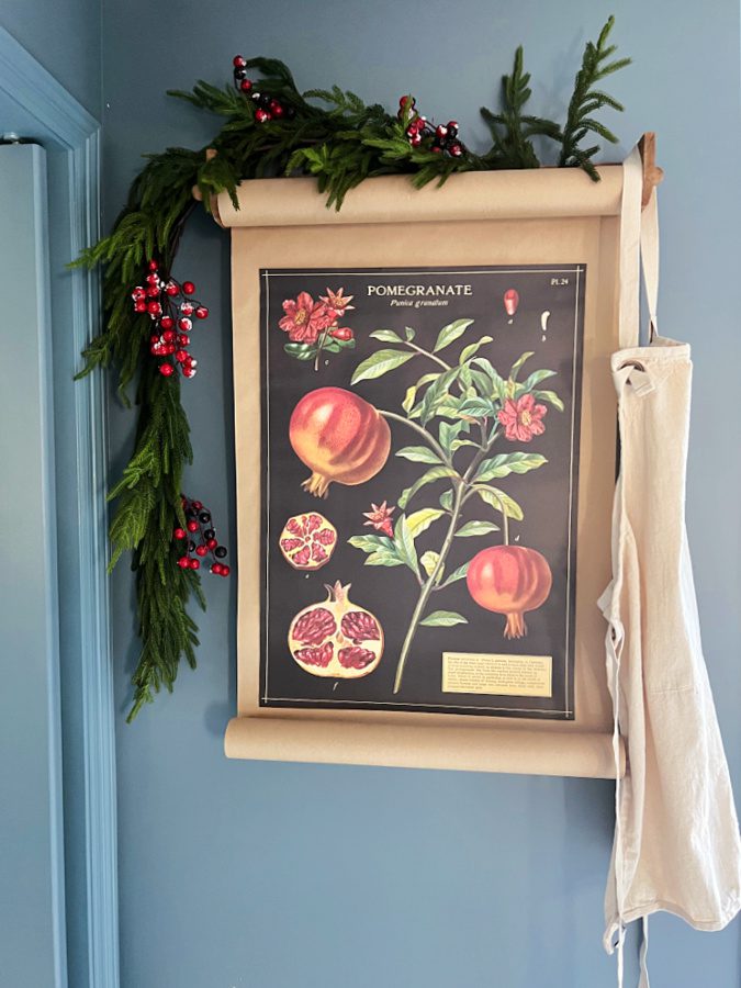 Pomegranate print on wall with greenery