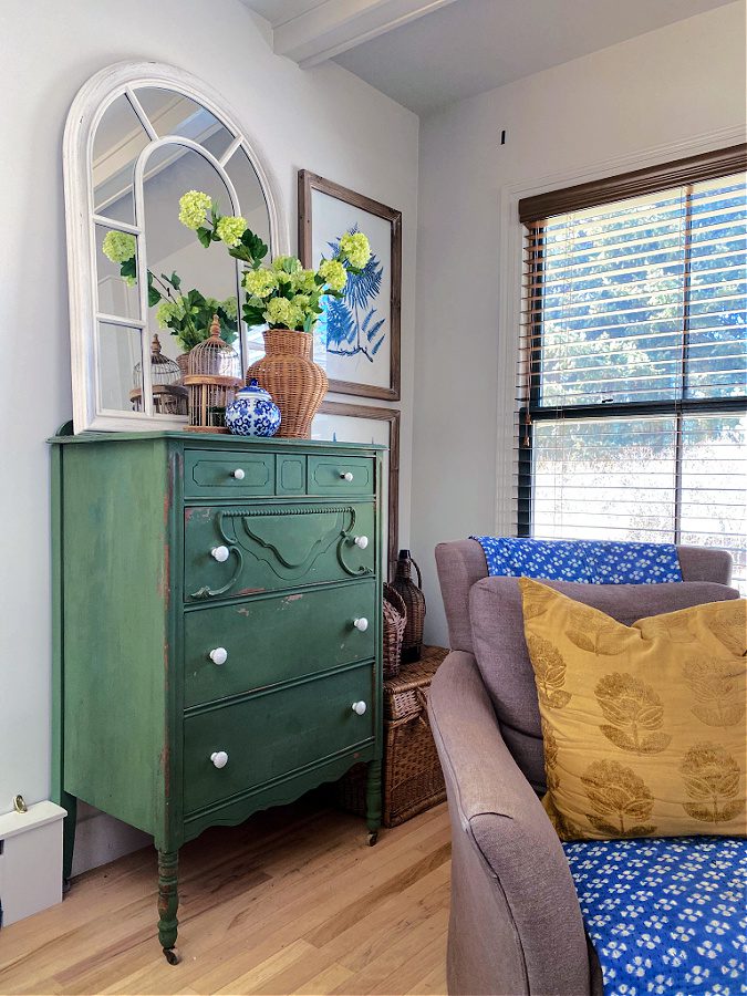 My favorite boxwood green dresser in our family room!