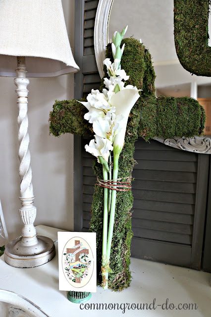 Creating an Easter Remembrance with moss and faux florals for a family memorial in the Entry.