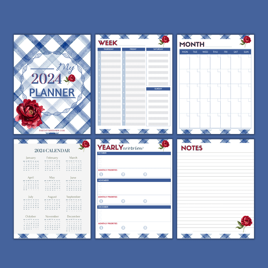 6 pages of the free printable planner for 2024