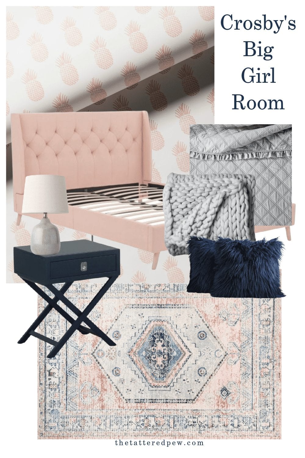 Light pink, navy and grey bedroom design plans for Crosby's room.