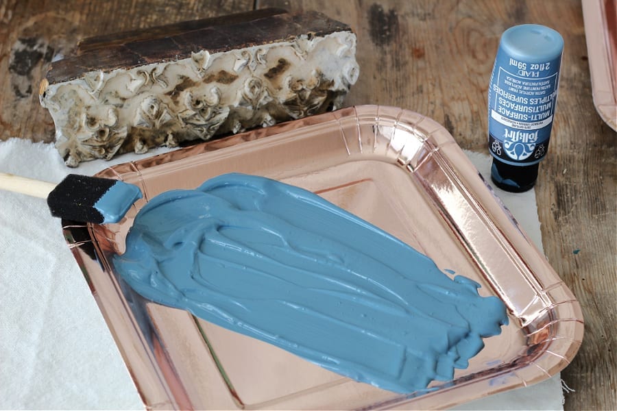 Pretty blue paint for block printing onto drop cloth napkins.