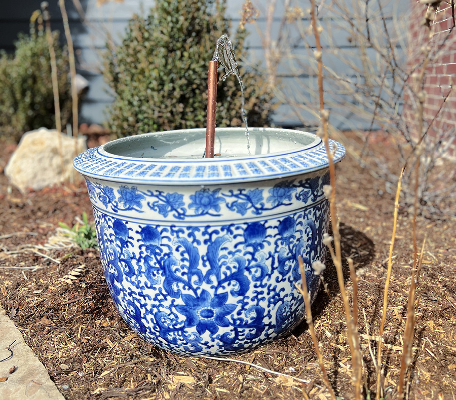 pretty blue and white DIY solar fountain
