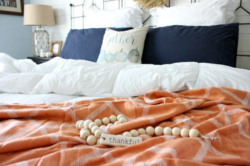 Thankful beads are perfect for Fall decor as is this orange blanket!