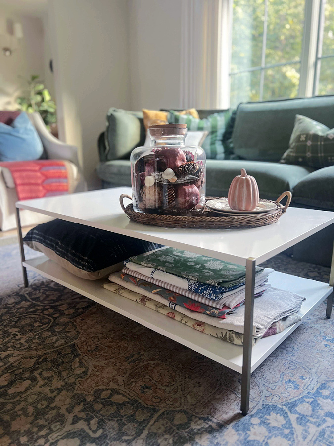 green sofa and fall coffee table