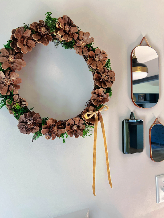 pinecone wreath that looks like zinnias