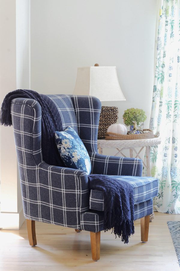 Fall in our new home and we kept the blue and white plaid chair in the family room.