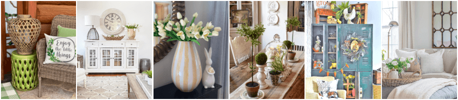 peach and white striped vase with pale yellow tulips next to white ceramic rabbit, farmhouse dining table with topiary centerpiece