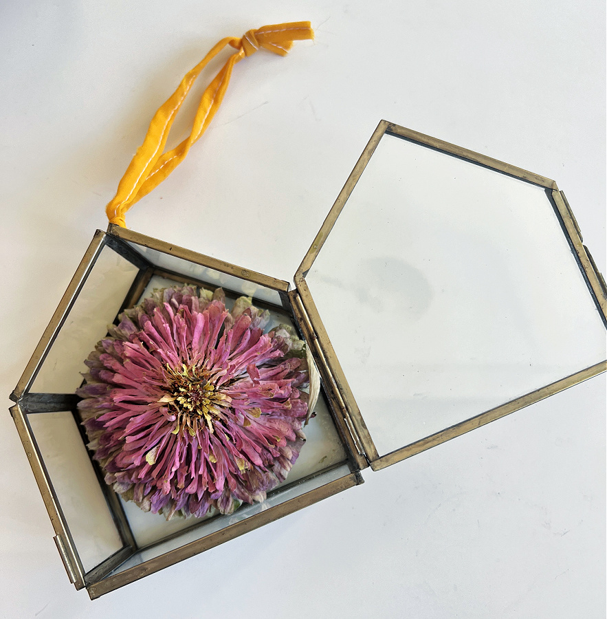 mini greenhouse ornament open with pink zinnia inside