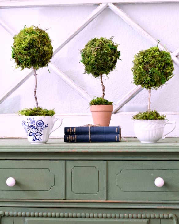 My favorite DIY: Teacup topiary with Dollar Store items.