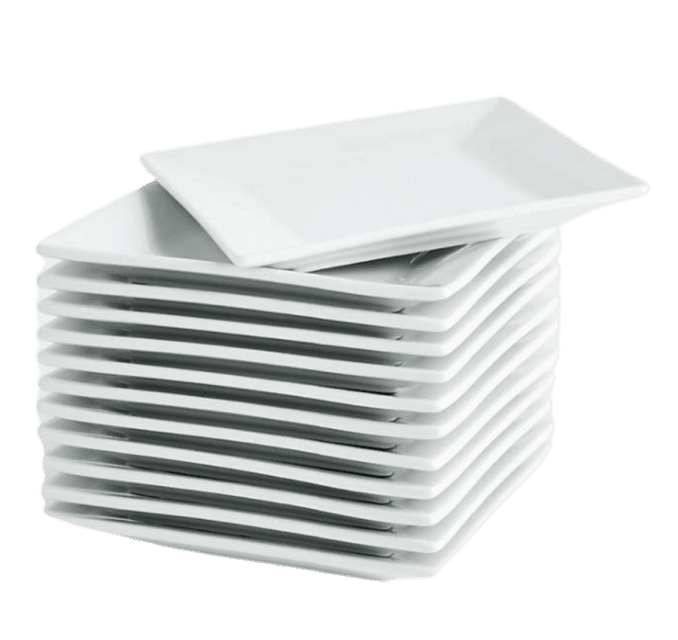 white square appetizer plates stacked