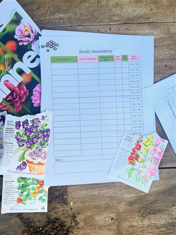seed inventory page of planner