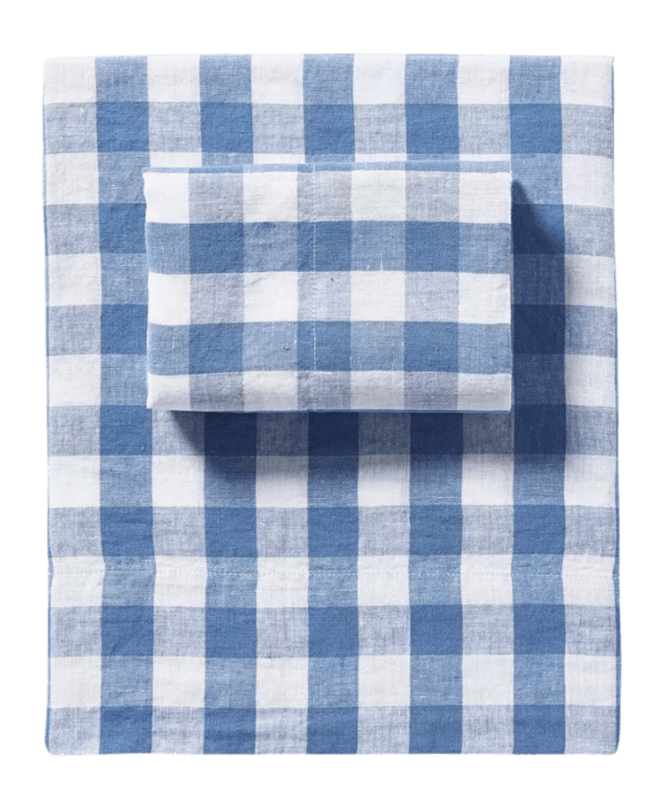 blue and white gingham sheets from the Serena & Lily tent sale