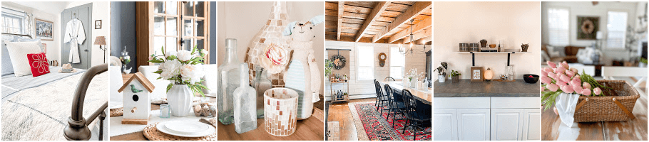 mosaic tumbler and vase with cloth rabbit, farmhouse dining room with exposed beam ceiling