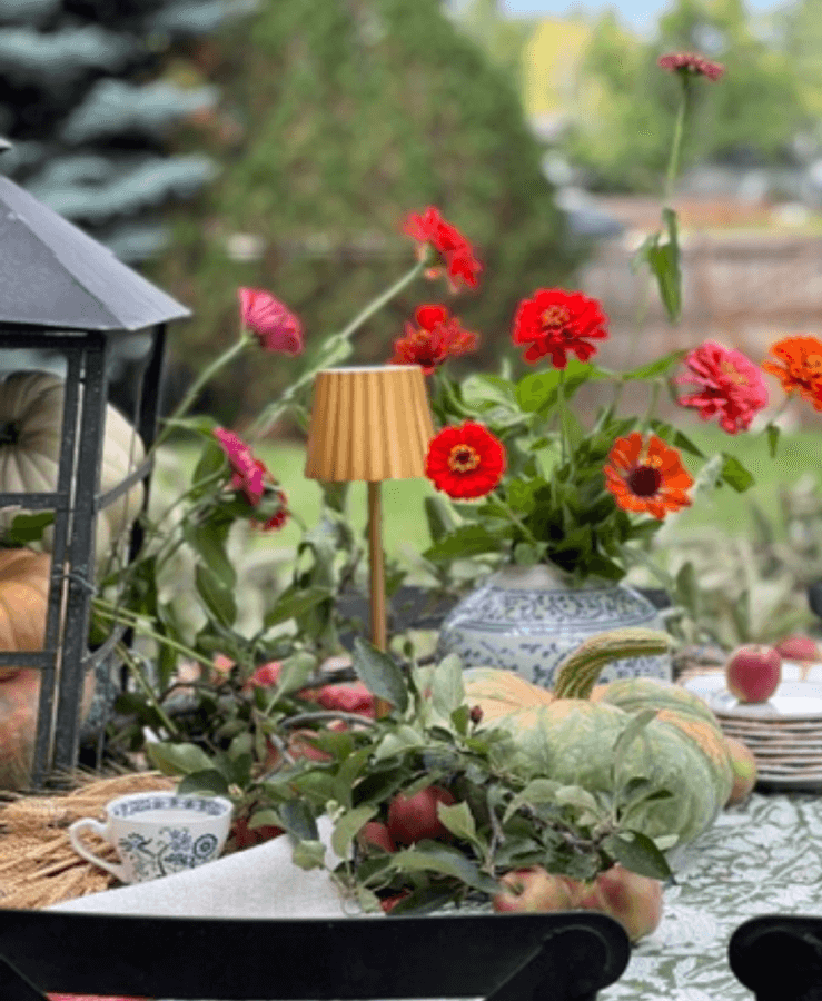 zinnias on fall outdoor table