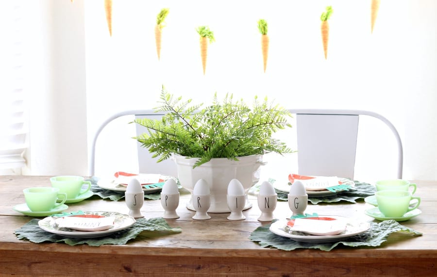 A Rae Dunn and jadeite inspired Easter table.