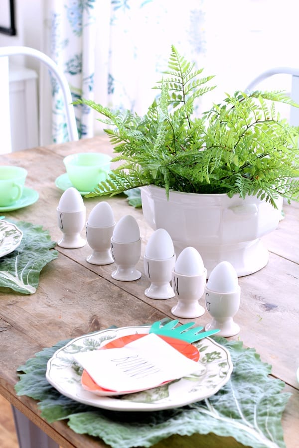 Spring or Easter tables with Rae Dunn and jadeite.