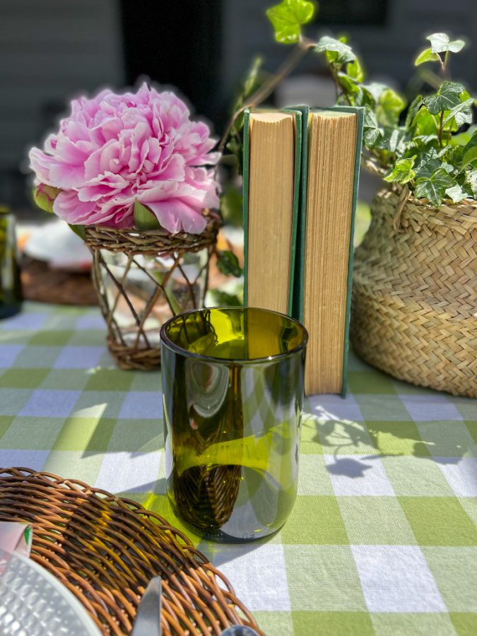 Wine bottle glasses in green are perfect for outdoor tables.
