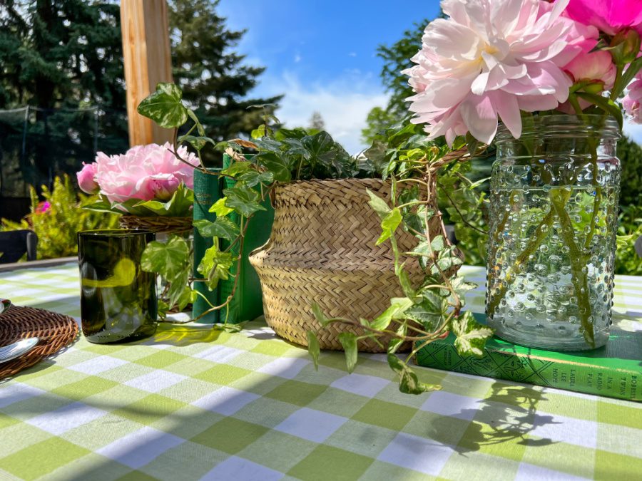 Ivy and peonies and books for a quick centerpice.