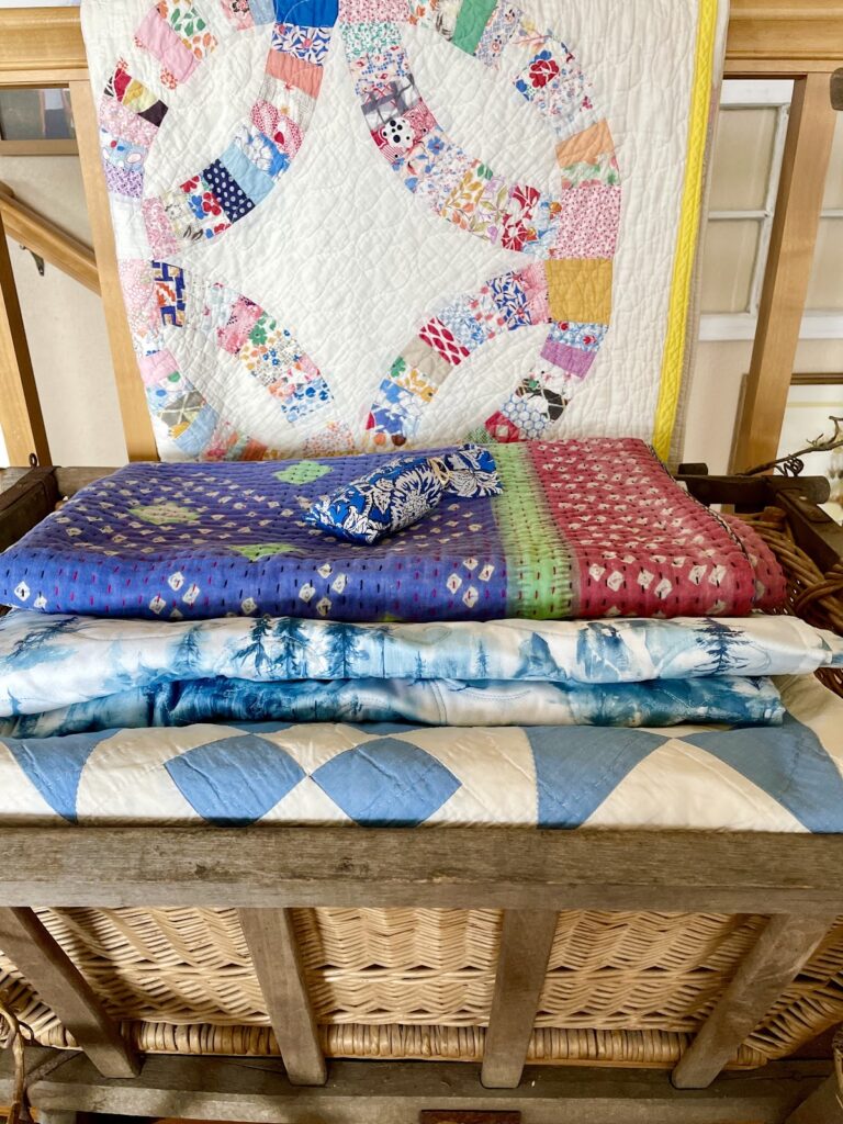 close up of colorful quilts