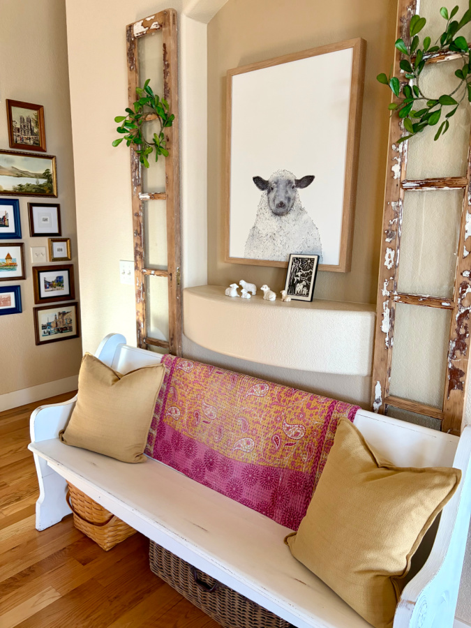 sheep print over pew