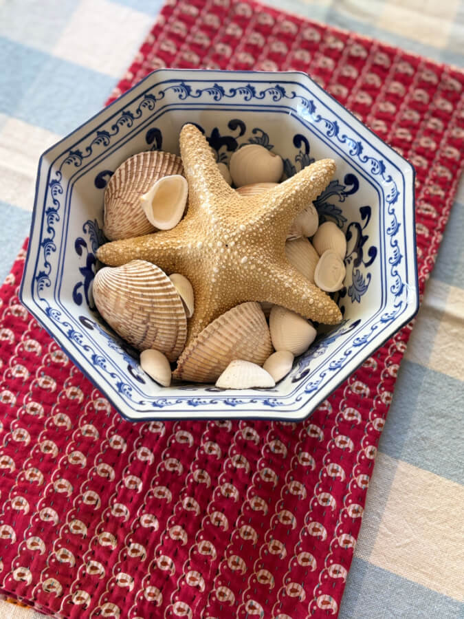 seashells in blue and white bowl on red block print throw