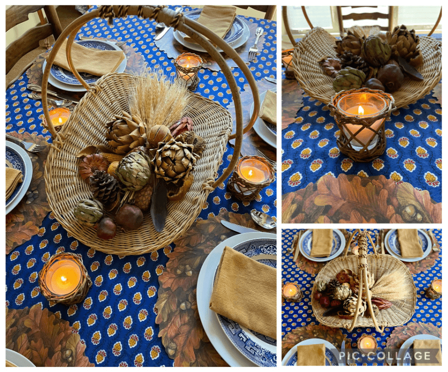 collage of blue Thanksgiving table
