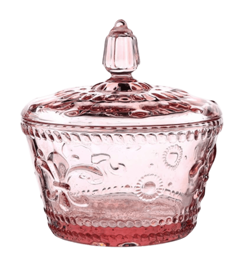 pink glass container with lid