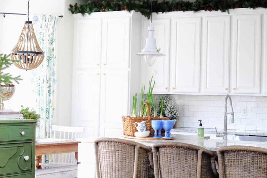 WInter kitchen decor using blues and greens!