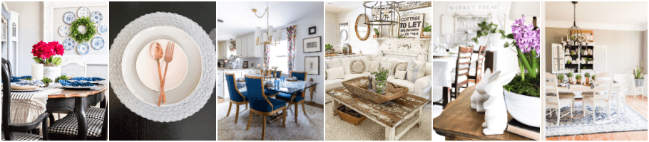 dining room with navy upholstered chairs, cottage living room in white with distressed coffee table