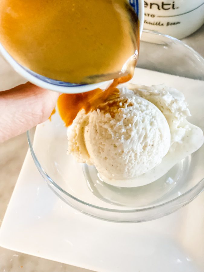 pouring espresso over gelato for dessert