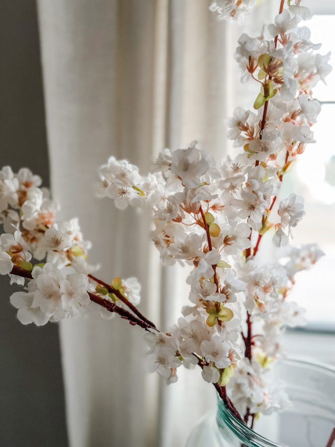 White faux cherry blossoms.