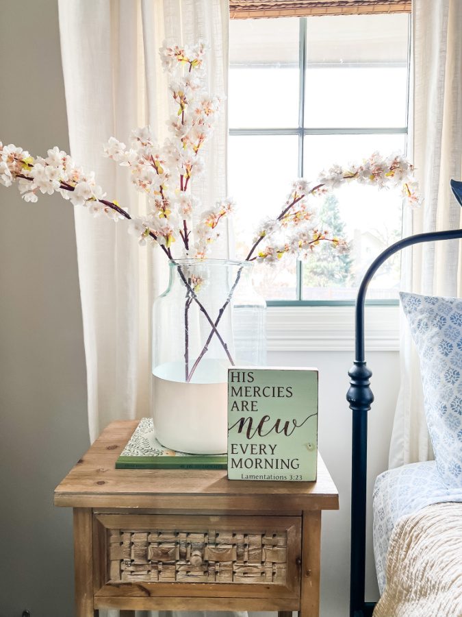 White cherry blossoms on a Spring bedside table.