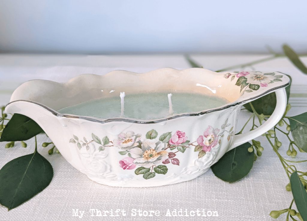 Welcome Home Saturday with My Thrift Store Addiction; candle remnants in gravy boat.