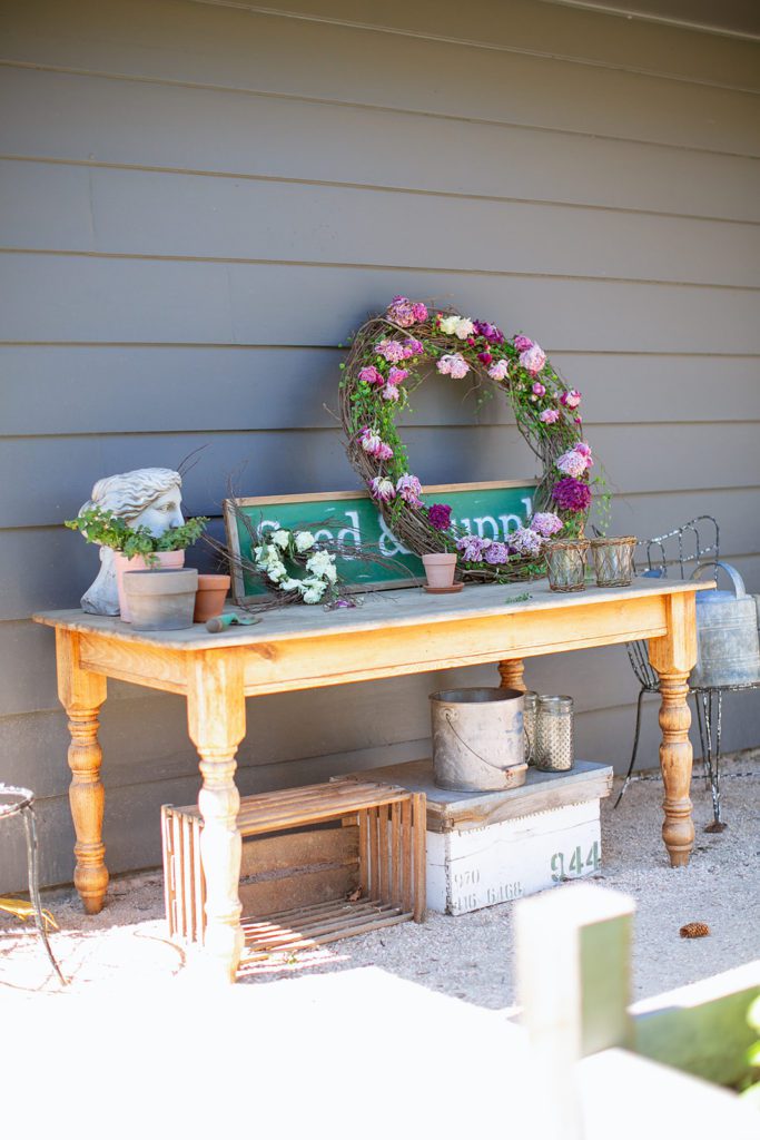 Potting table in our summer backyard