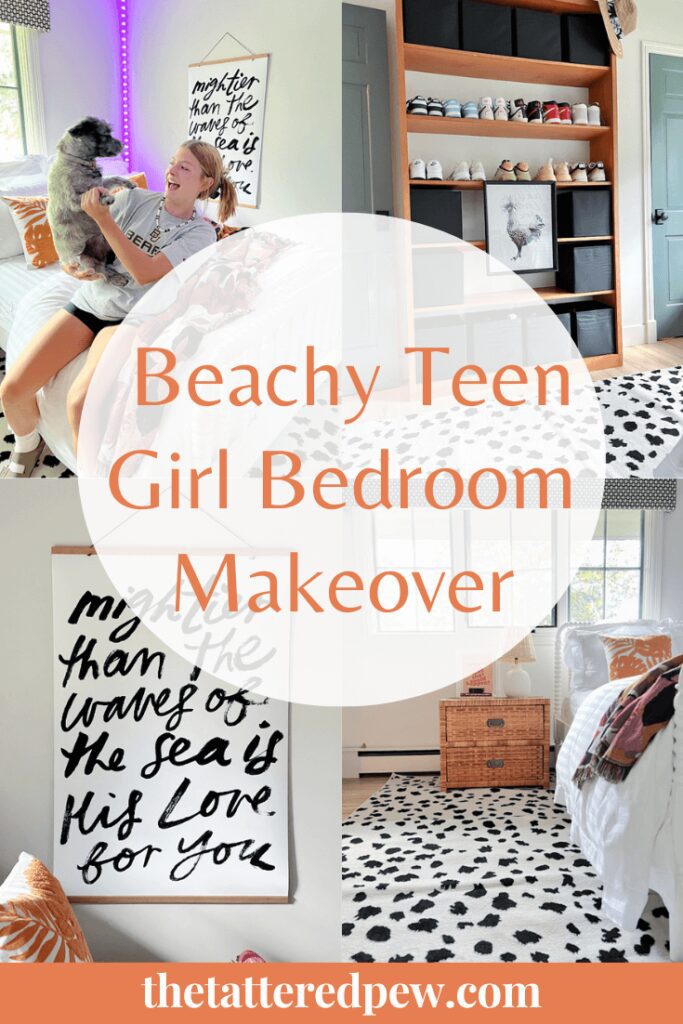 several images of orange and black and white teen girl beachy room makeover