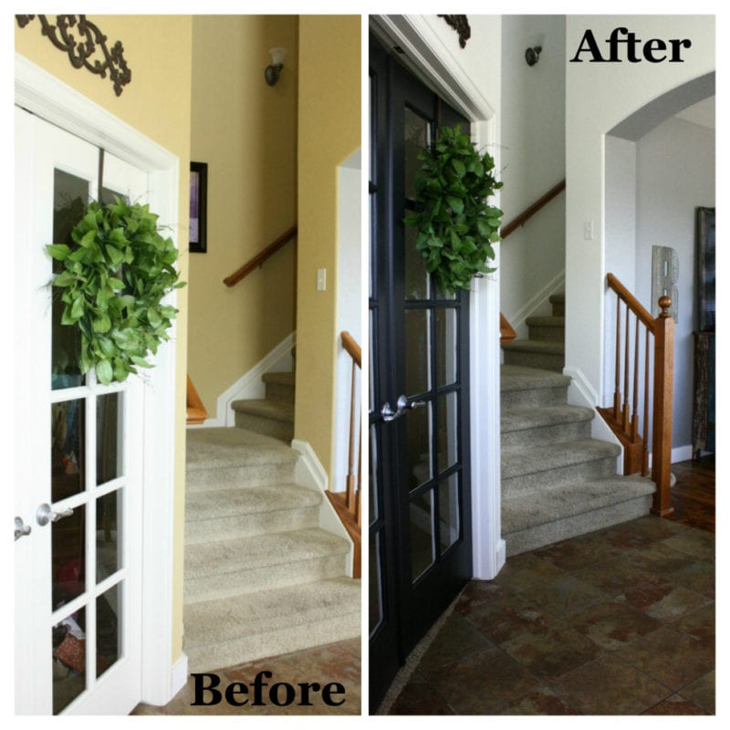 before and after of black interior doors with white trim